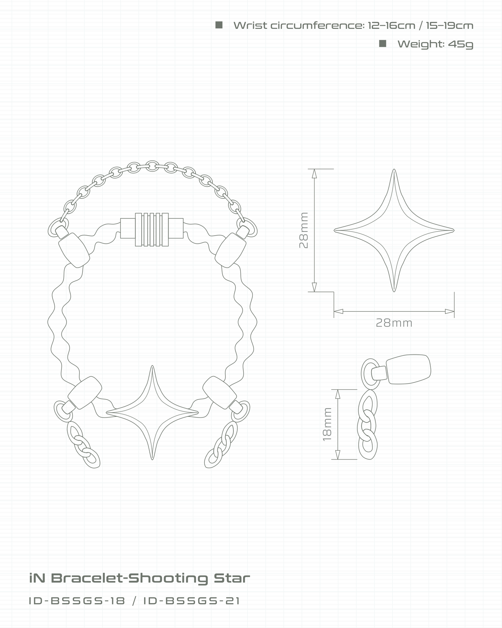 iN Bracelet-Shooting Star 流星手鍊 尺寸圖